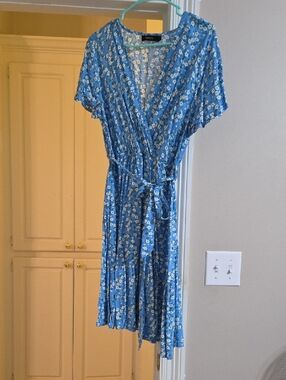Blue Floral Faux Wrap Dress with Tie